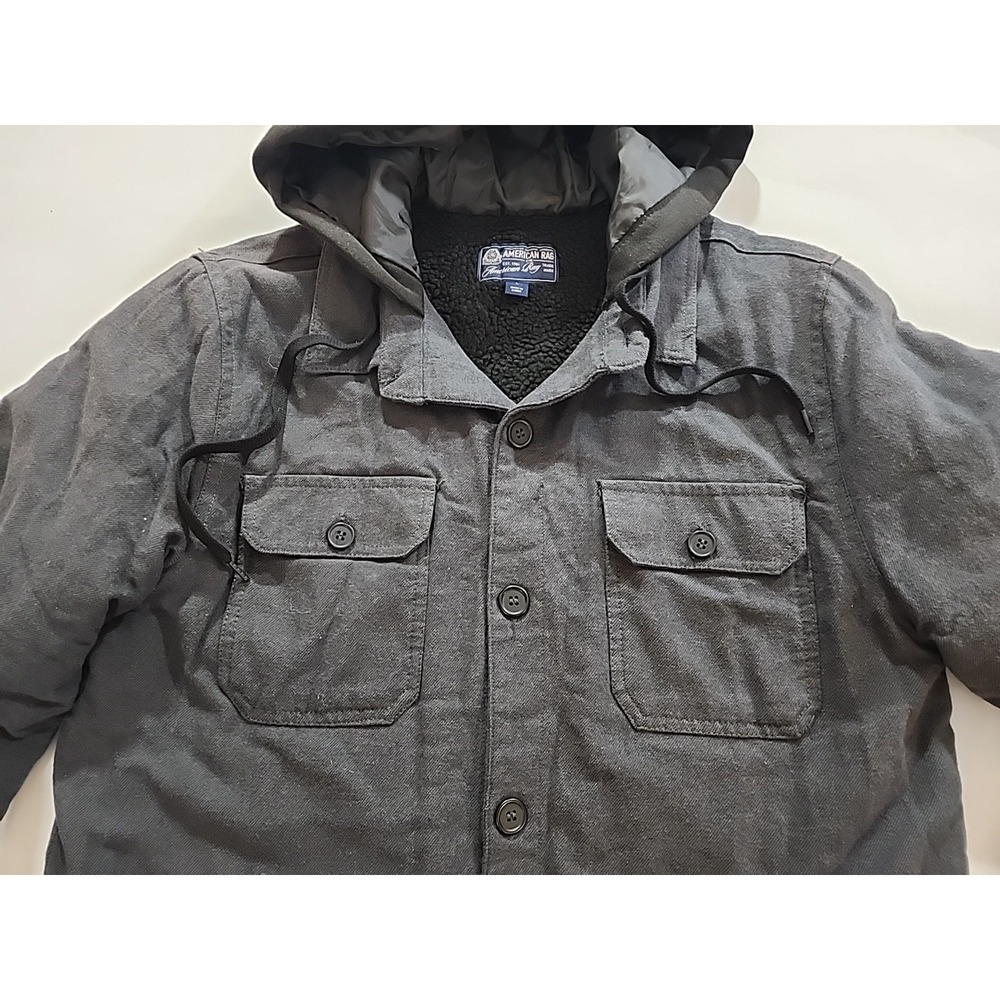 American Rag Men's Button-Up Gray‎ Hooded Jacket Size Large Pockets Long Sleeve - Picture 5 of 8